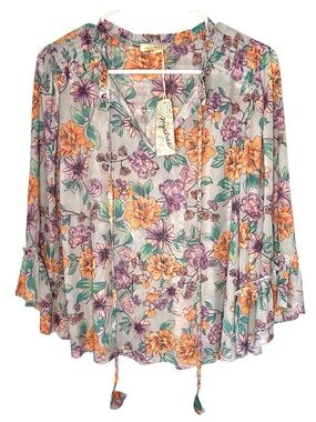 Floral 3/4 Sleeve Mesh Ruffled Smocked Boho Purple Peach Transition Top Medium